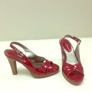 4” stacked heel sandals in red.